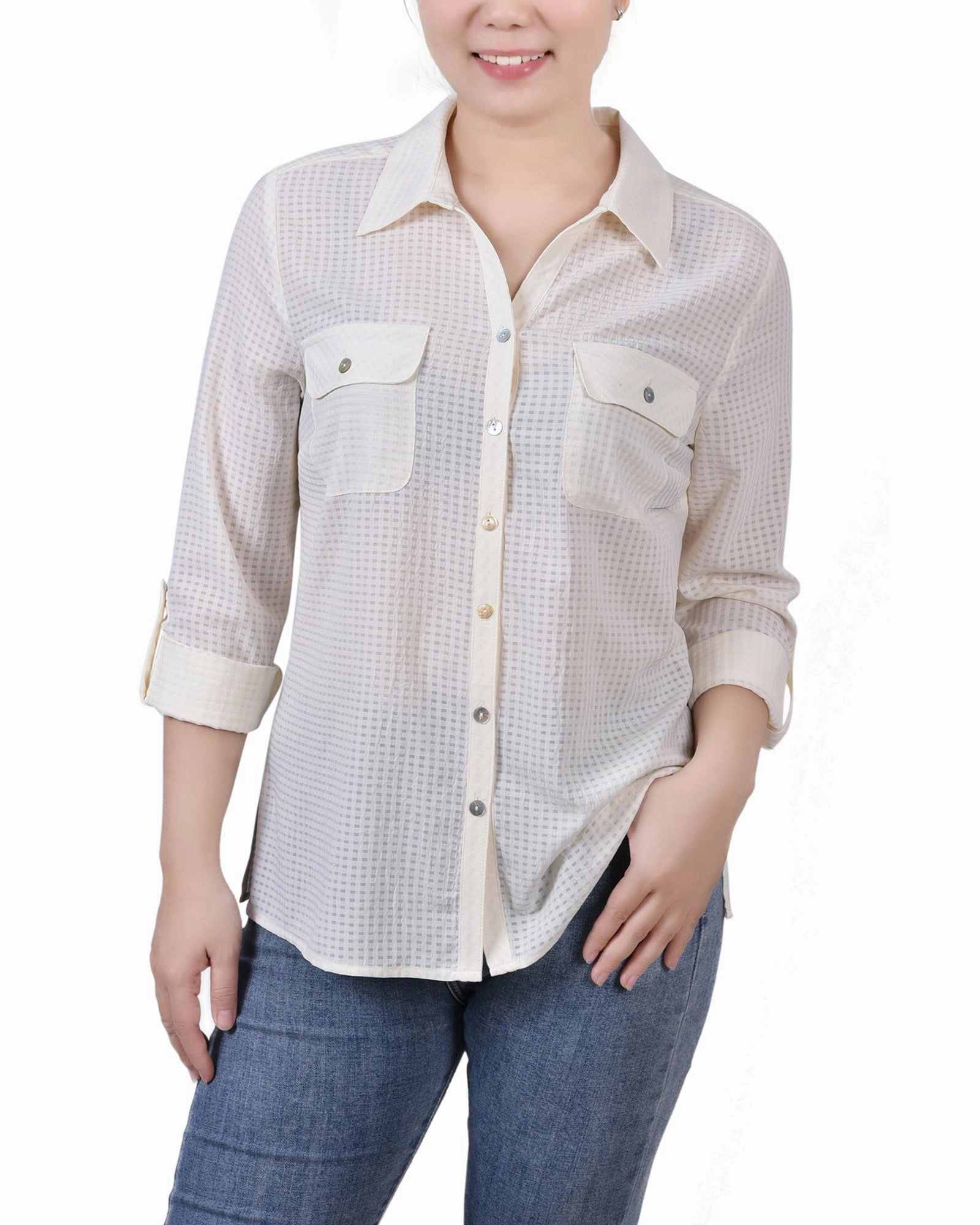 Flexible Ribbing 3/4 Sleeve Windowpane Blouse