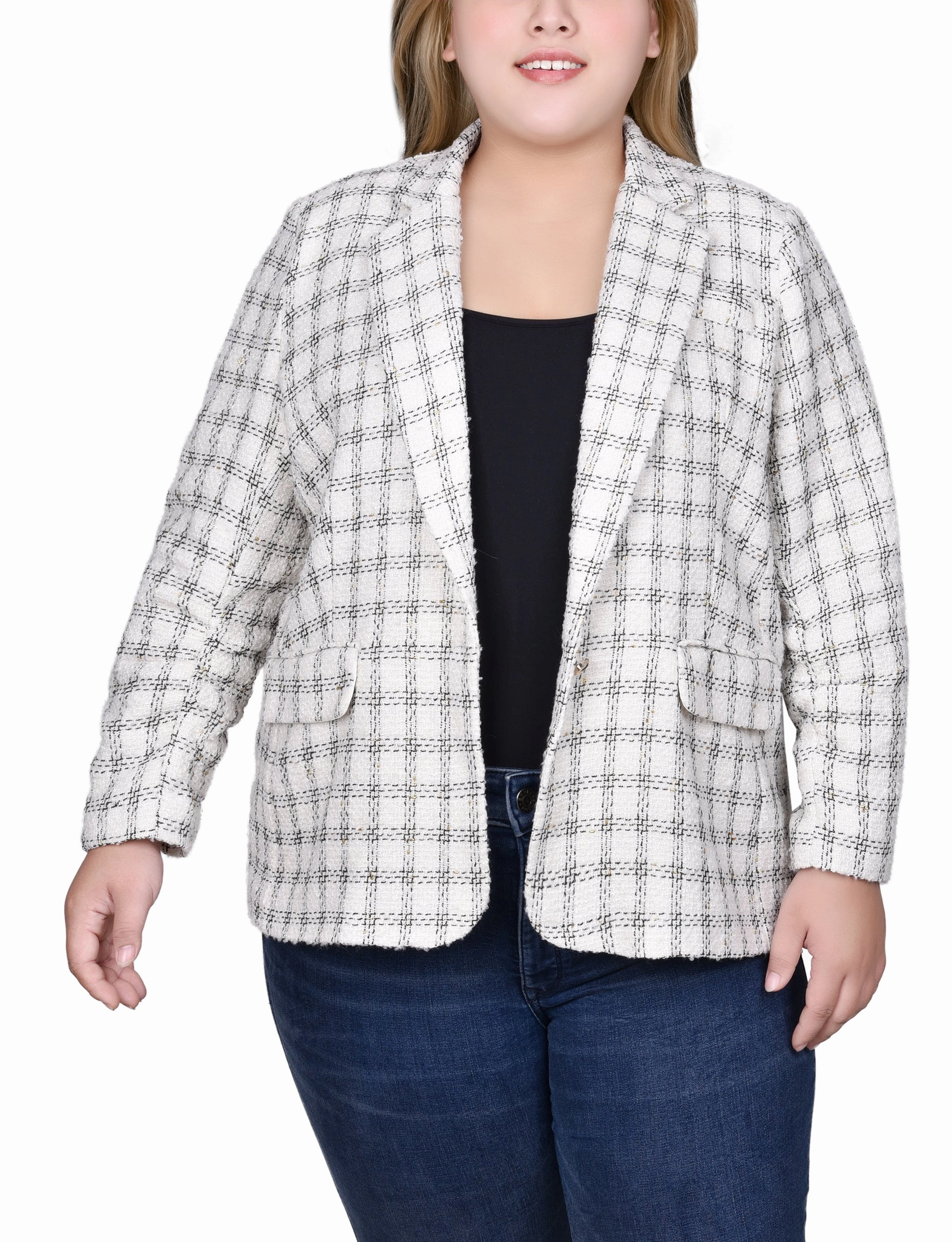 Wrinkle Free Weave Plus Size Long Sleeve Tweed Jacket