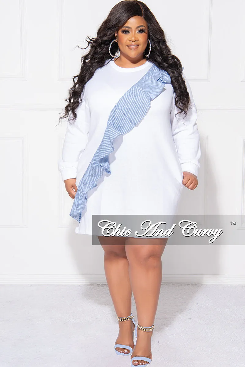 Universal Fit System Final Sale Plus Size Asymmetrical Ruffle  Sweater Dress in White and Blue