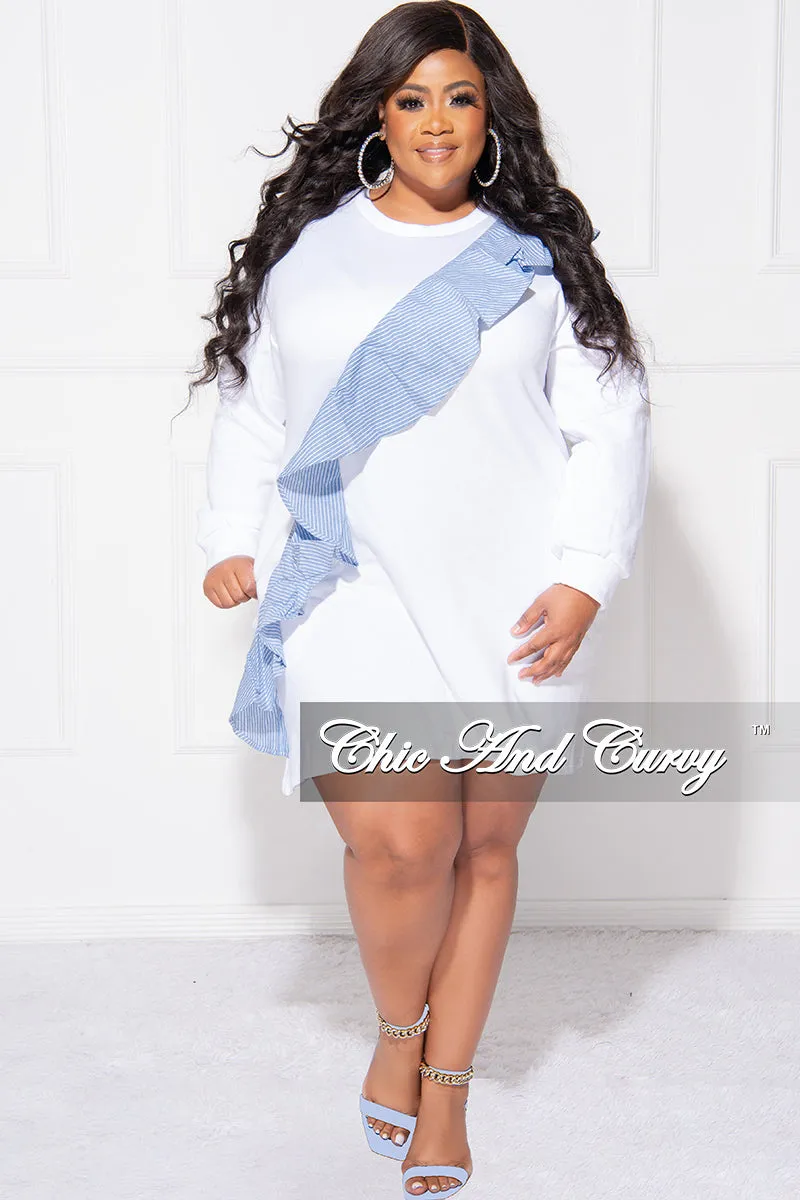 Final Sale Plus Size Asymmetrical Ruffle  Sweater Dress in White and Blue Stretchable