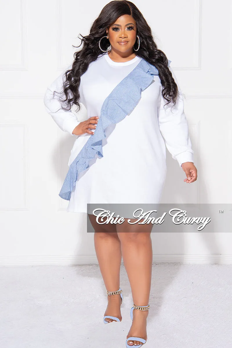 Final Sale Plus Size Asymmetrical Ruffle  Sweater Dress in White and Blue Soft Feel Soft Performance