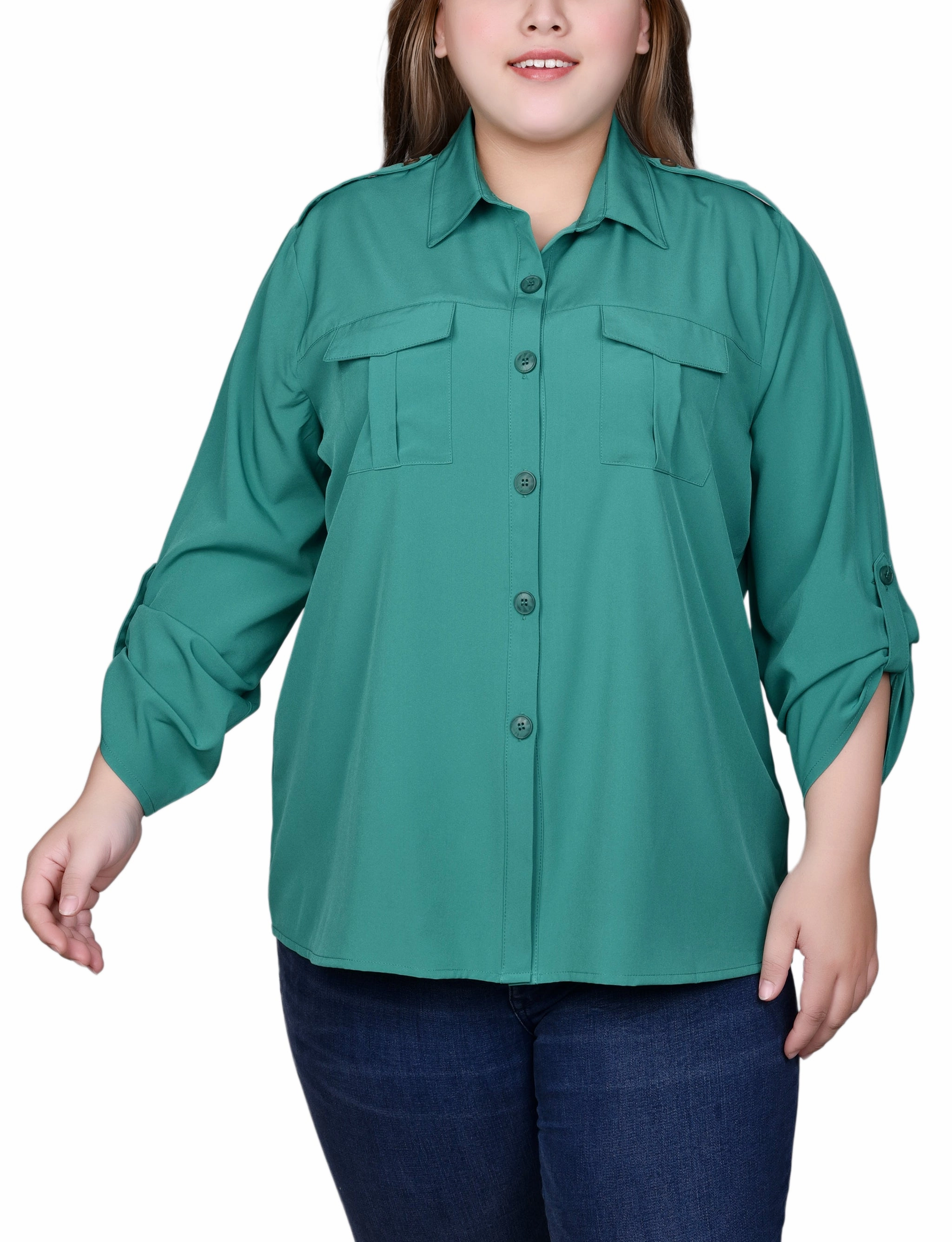 Hydrophobic Threadwork Versatile Shirt Plus Size 3/4 Sleeve Roll Tab Blouse