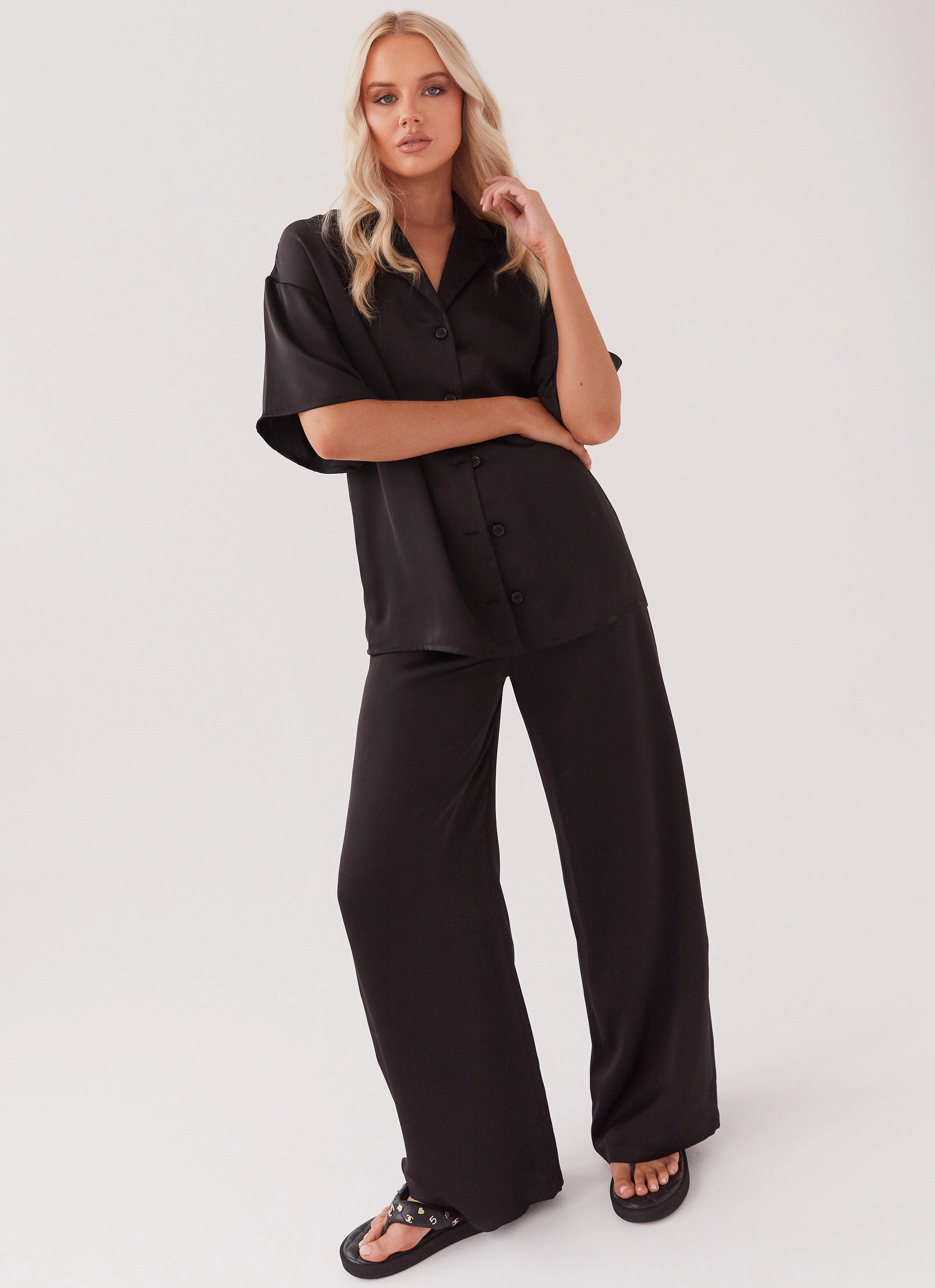 tech fabric Faux Fur Trim Palm Cove Satin Pants - Black