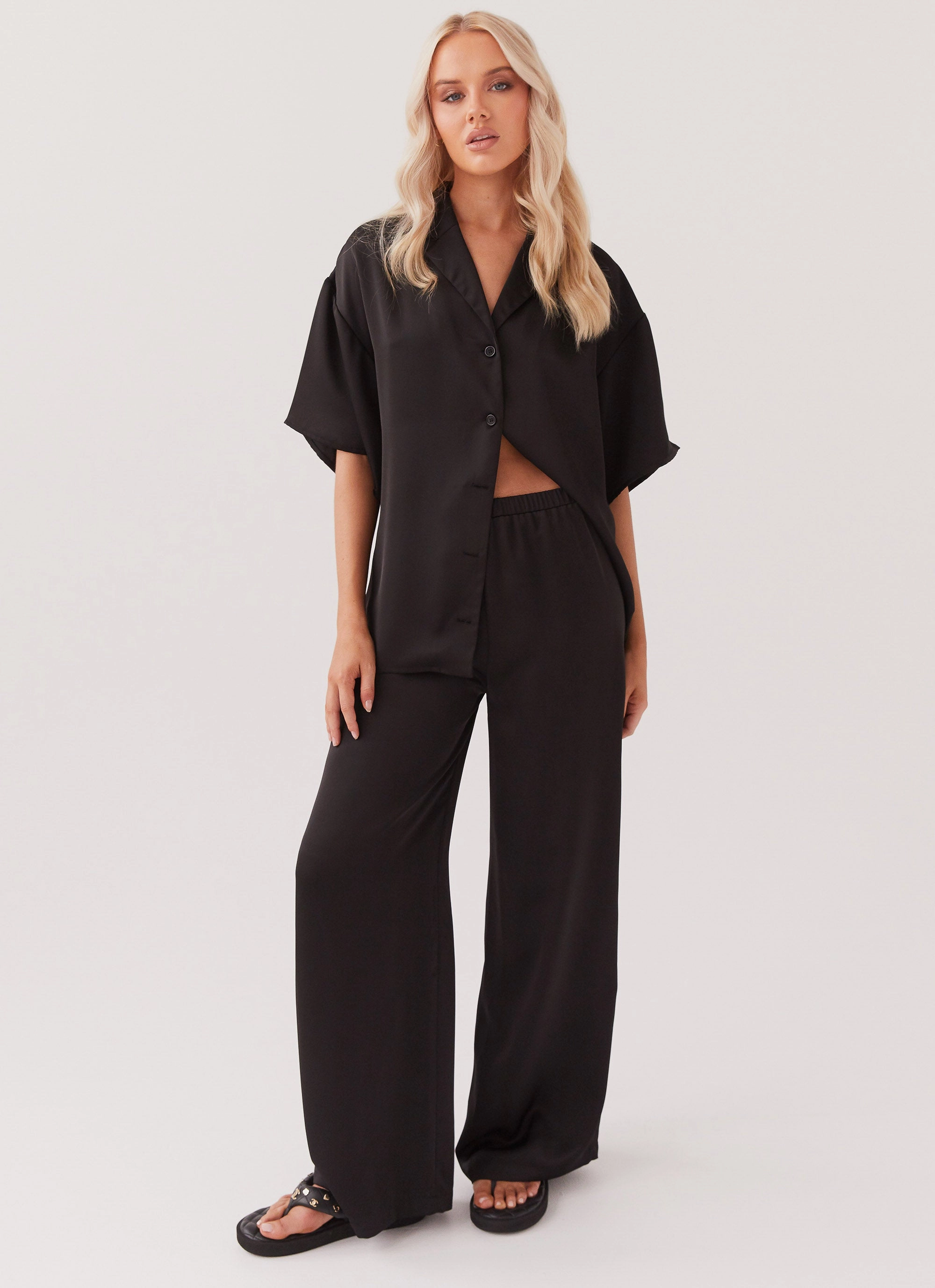 Faux Fur Trim Palm Cove Satin Pants - Black Non Restrictive Smooth Feel