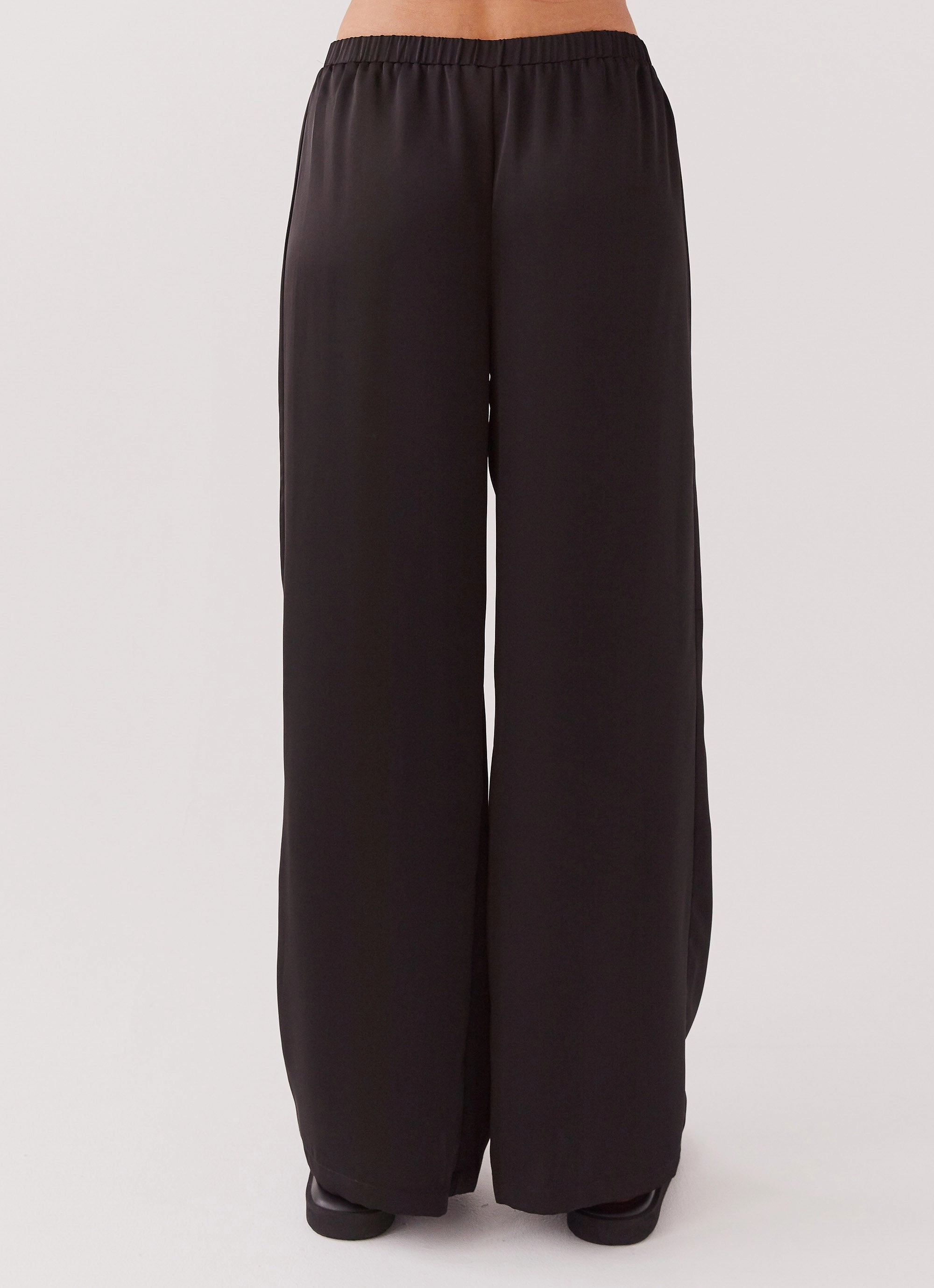 Timeless Touch Stylish Finish Faux Fur Trim Palm Cove Satin Pants - Black