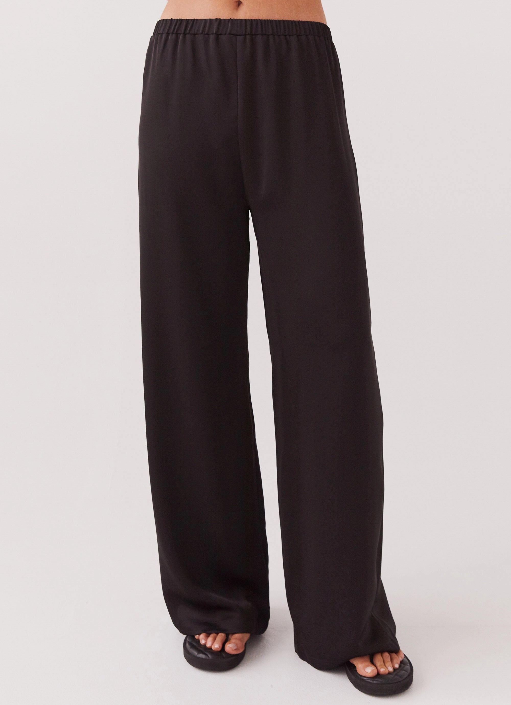 Faux Fur Trim Palm Cove Satin Pants - Black Ventilated Slits High low hem