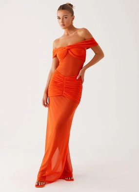 Velvet-Sleeve Charming Off Shoulder Maxi Dress - Orange