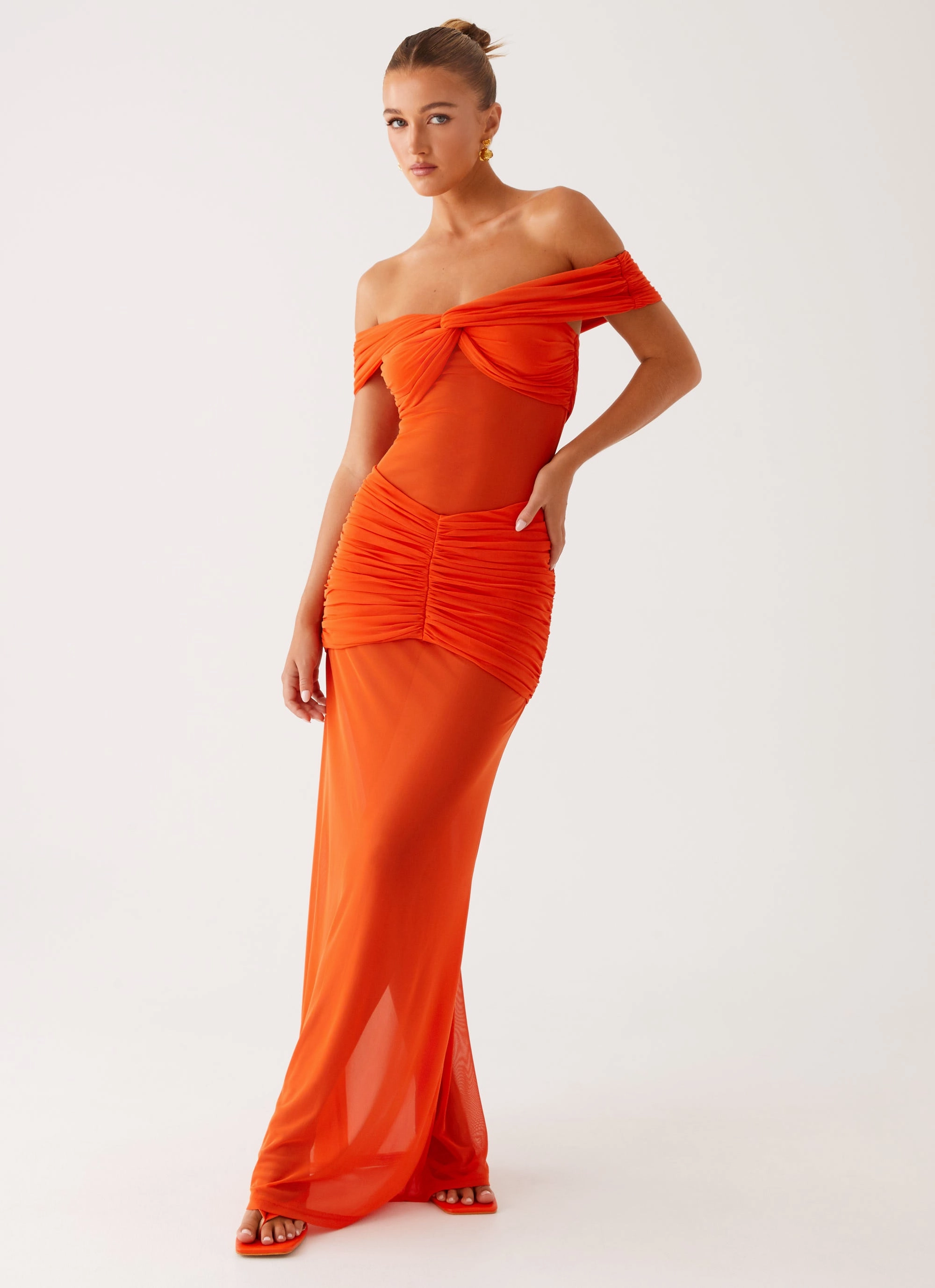 Velvet-Sleeve Charming Off Shoulder Maxi Dress - Orange