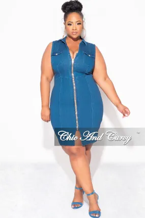 Fina Sale Plus Size Sleeveless Collar ZipUp BodyCon Dress with Front Slit in Dark Denim Decorative stitching Reinforced Knees