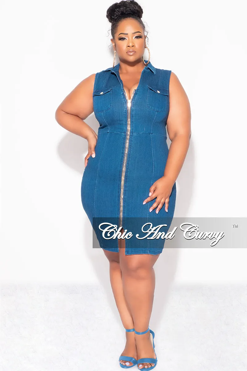 Fina Sale Plus Size Sleeveless Collar ZipUp BodyCon Dress with Front Slit in Dark Denim Minimalist Look