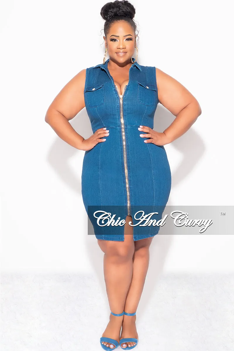 Fina Sale Plus Size Sleeveless Collar ZipUp BodyCon Dress with Front Slit in Dark Denim All Day Use