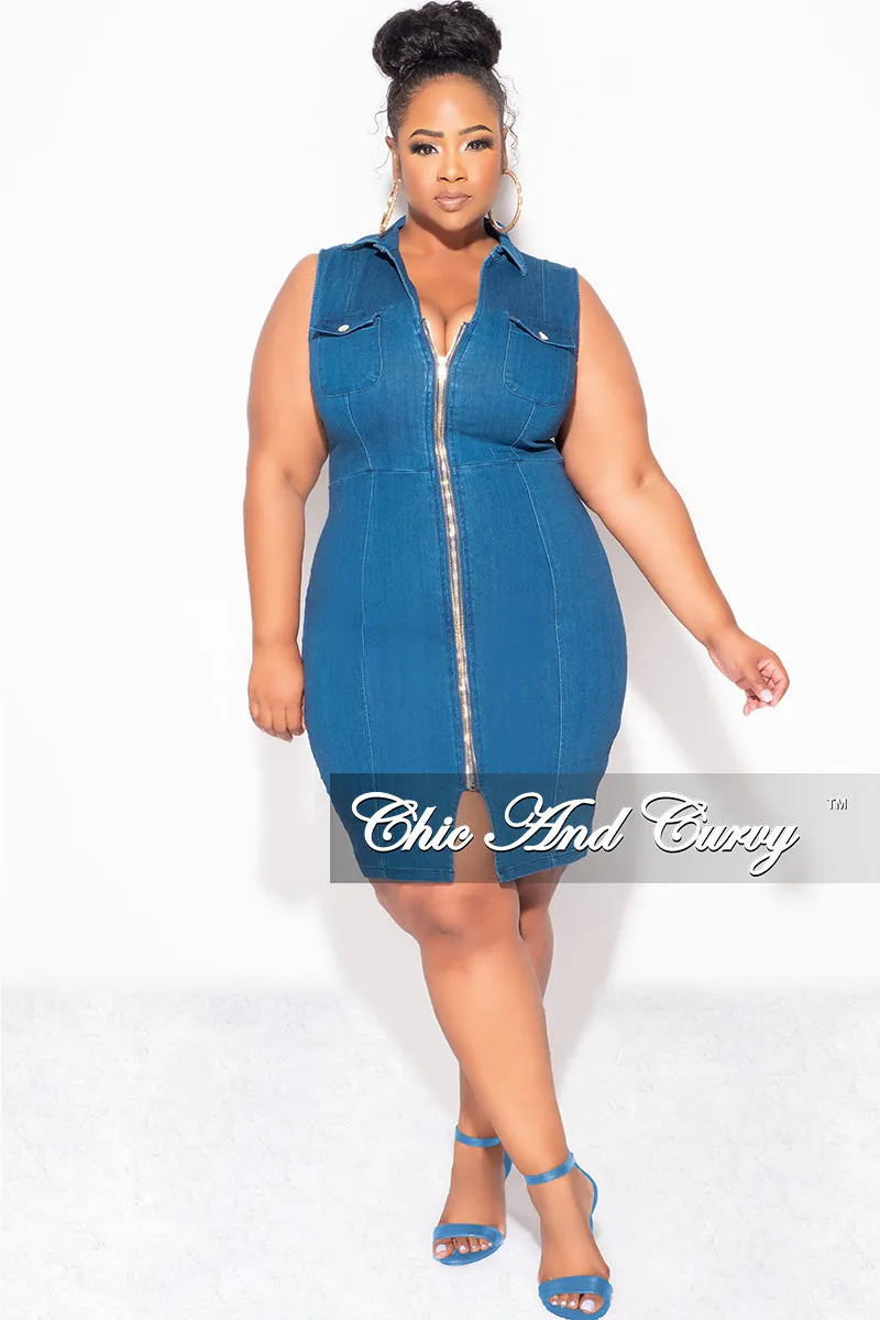 Fina Sale Plus Size Sleeveless Collar ZipUp BodyCon Dress with Front Slit in Dark Denim Stretchable Fabric Comfy Ease