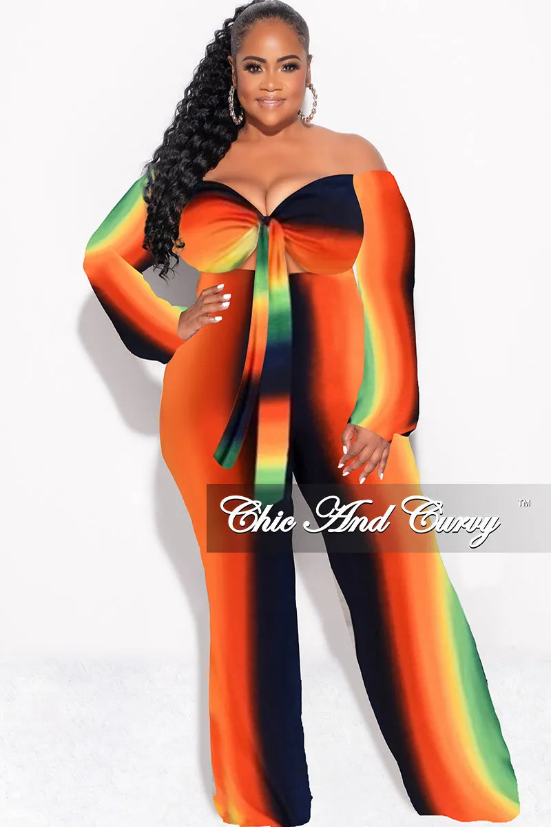 Elasticized Cuffs Chafe-Free Fit Final Plus Size Front Tie Jumpsuit in Orange, Yellow and Navy Ombre