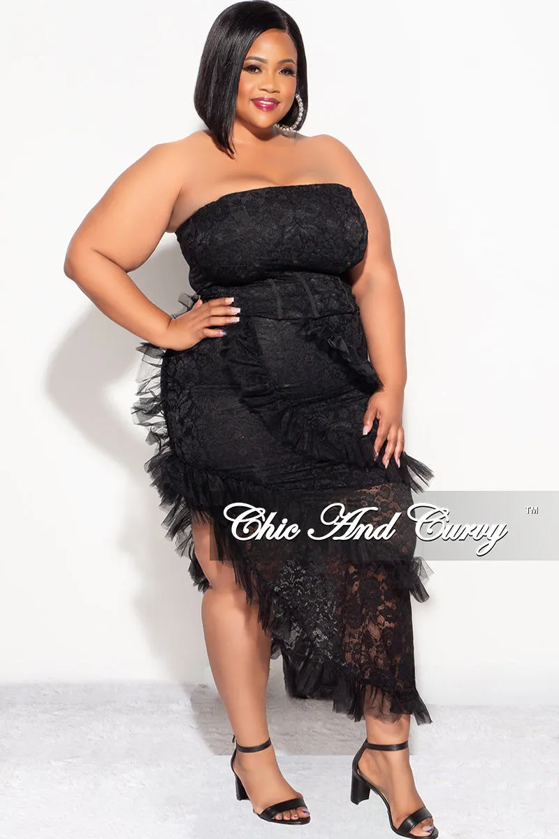 Ultra Soft Texture Performance Ready Final Sale Plus 2pc Lace Corset Top & Ruffle Skirt Set in Black