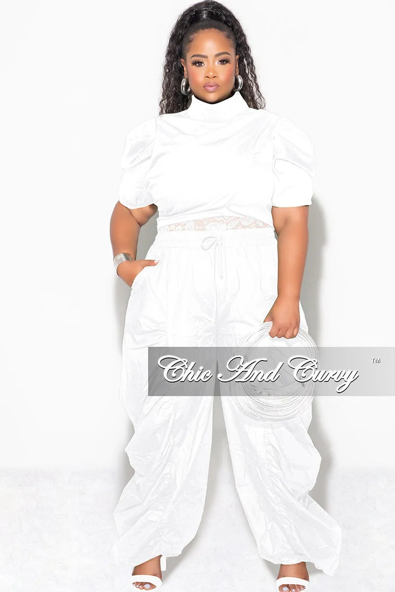 Final Sale Plus 3pc (Ruffle Top, Lace Spaghetti Strap Top and Drawstring Pants) Set in White Full Flex Stretch Fit