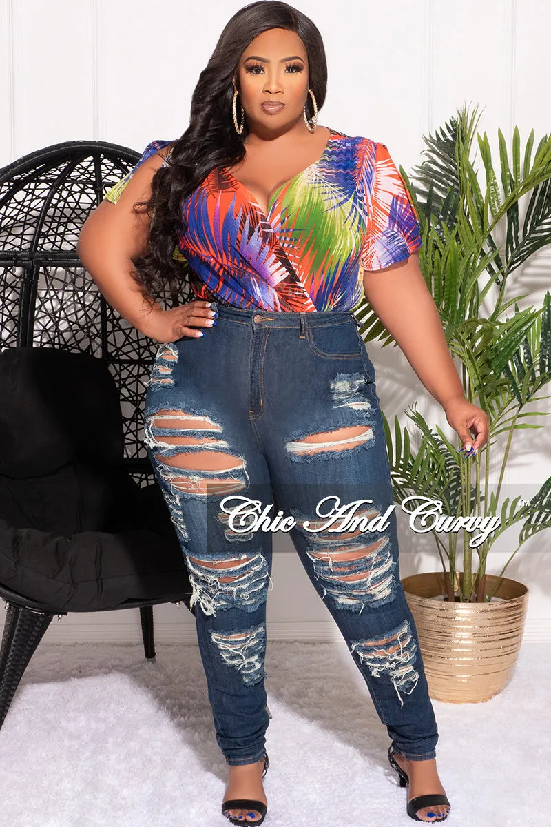 Final Sale Plus Faux Wrap Bodysuit in Multi Color Palm Print All-Purpose Comfort