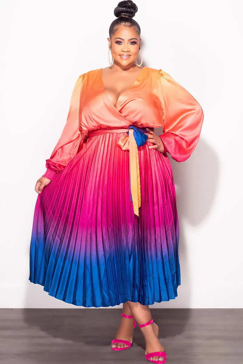 Final Sale Plus Faux Wrap Pleated Dress in Rainbow Print UltraSoftLining Functional Layer