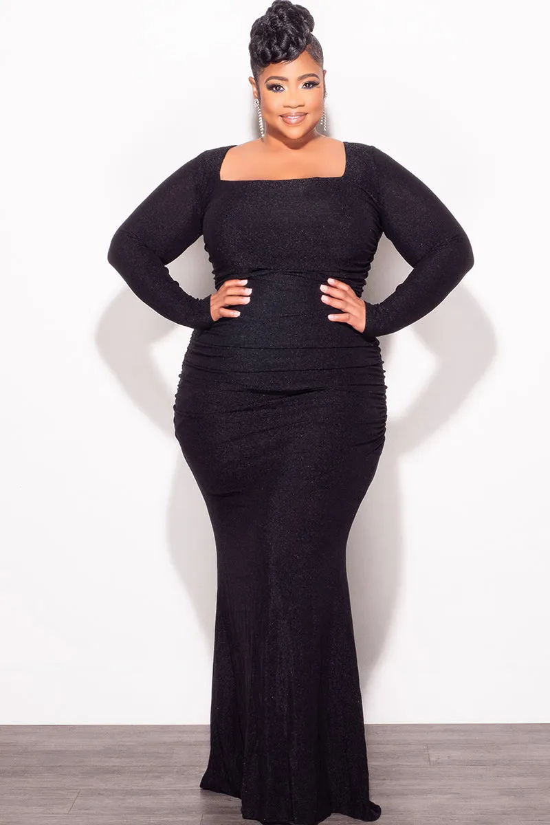 WrinkleFreeFabric Final Sale Plus Metallic Square Neck Maxi Dress in Black