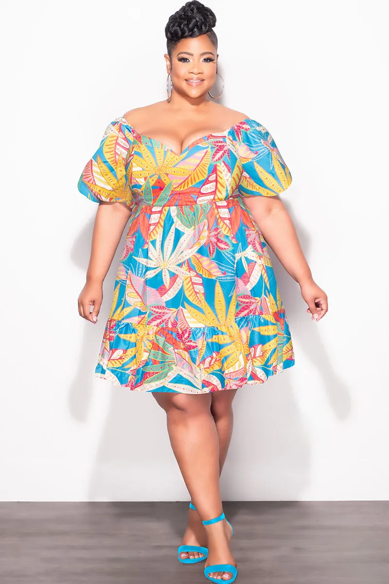Final Sale Plus Off the Shoulder Shirred Baby Doll Dress in Multi Color Tropical Print Durable Seam Construction Flattering Comfort Wear