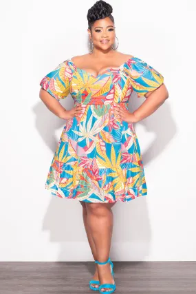 Final Sale Plus Off the Shoulder Shirred Baby Doll Dress in Multi Color Tropical Print Slip Resistant