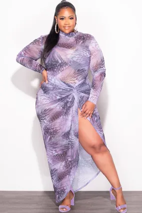 Final Sale Plus Size 2-Pc Mesh Set with Bodysuit & High Split Skirt in Purple Print Print Flattering Comfort