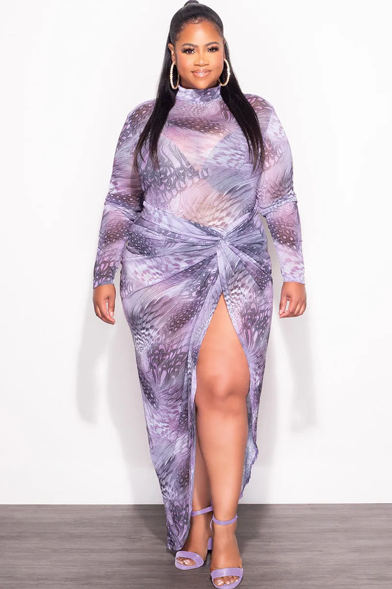 Final Sale Plus Size 2-Pc Mesh Set with Bodysuit & High Split Skirt in Purple Print Print Cozy and Soft