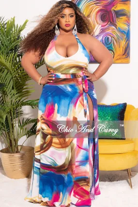 Final Sale Plus  Size 2-Pc Set Poolside Playsuit with Bodysuit & High Split Skirt in Multi-Color Print Sporty Design
