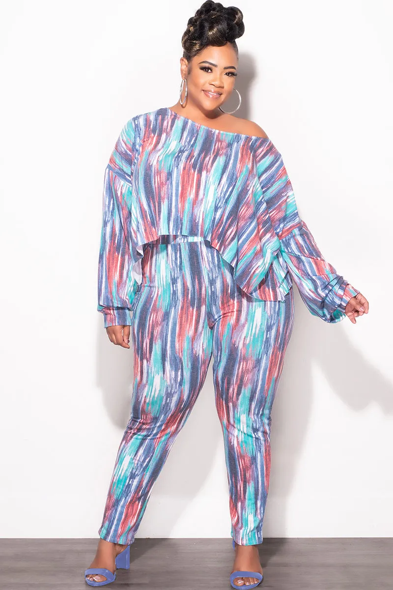 Final Sale Plus Size 2 pc Set Top & Pants in Purple / Mauve Multi-Color Print Durable Hemming