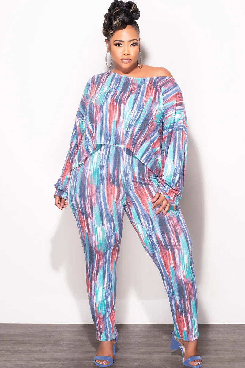 Quick Cool Final Sale Plus Size 2 pc Set Top & Pants in Purple / Mauve Multi-Color Print