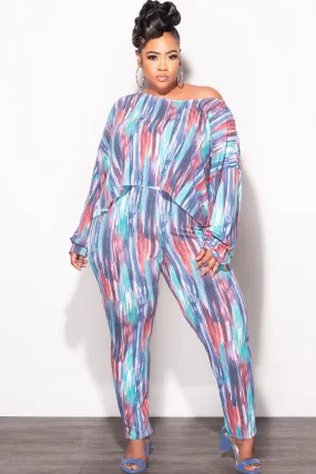 Final Sale Plus Size 2 pc Set Top & Pants in Purple / Mauve Multi-Color Print Slim Fit Wear