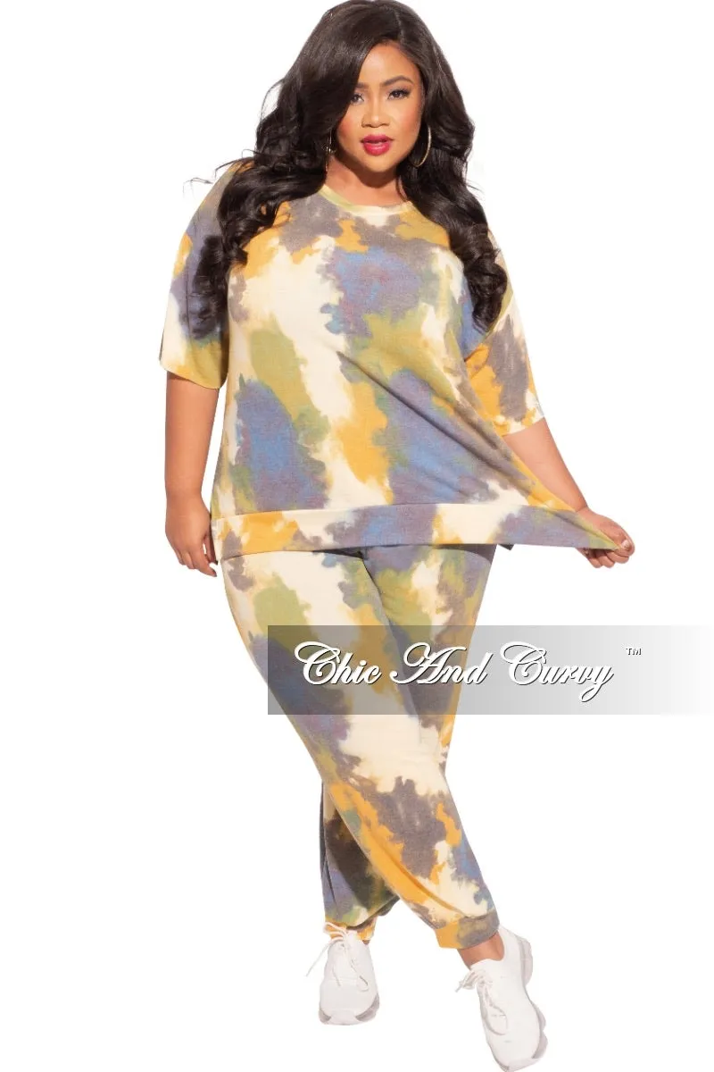 Final Sale Plus Size 2-Pc (Top & Pants) Set in Mustard & Blue Print Sleek Appearance No Ride Up
