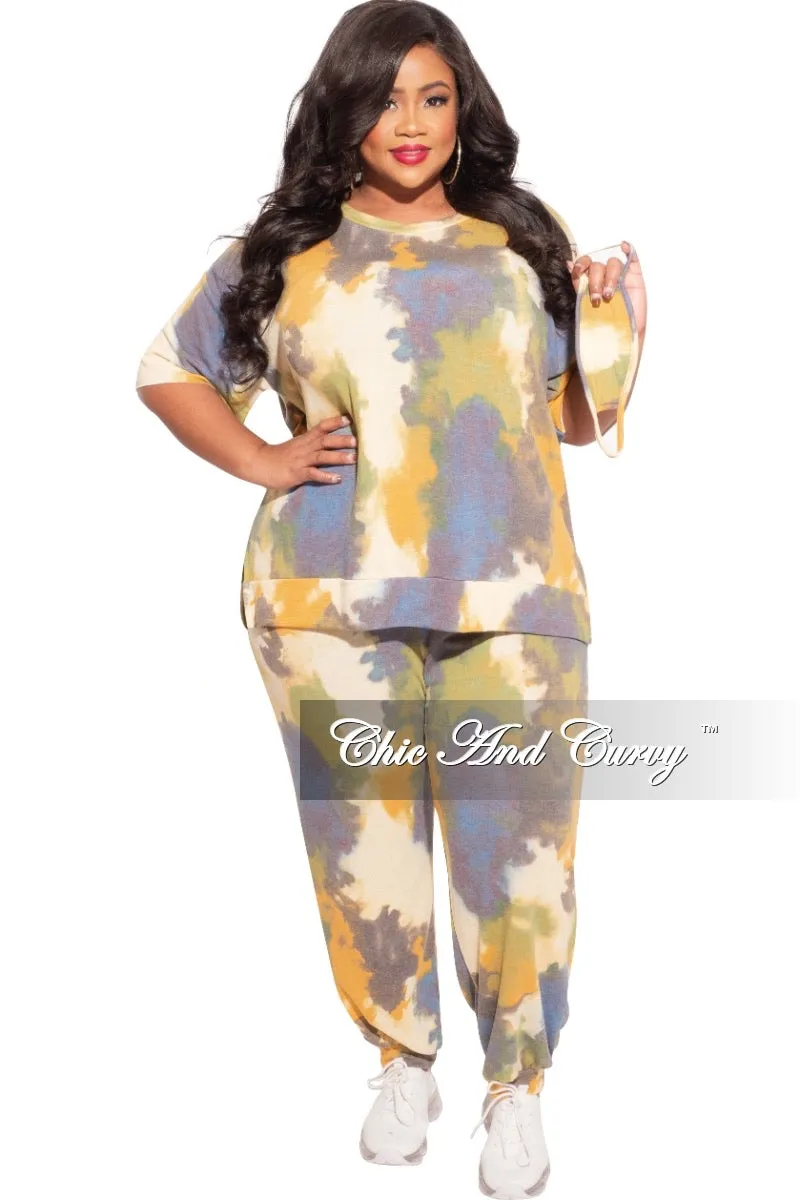 Sporty Look Stylish Look Final Sale Plus Size 2-Pc (Top & Pants) Set in Mustard & Blue Print