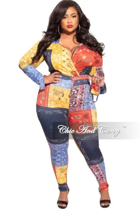 Athletic Comfort Final Sale Plus Size 2-Piece Collared Faux Wrap Bodysuit and Pants Set in Bandana Print