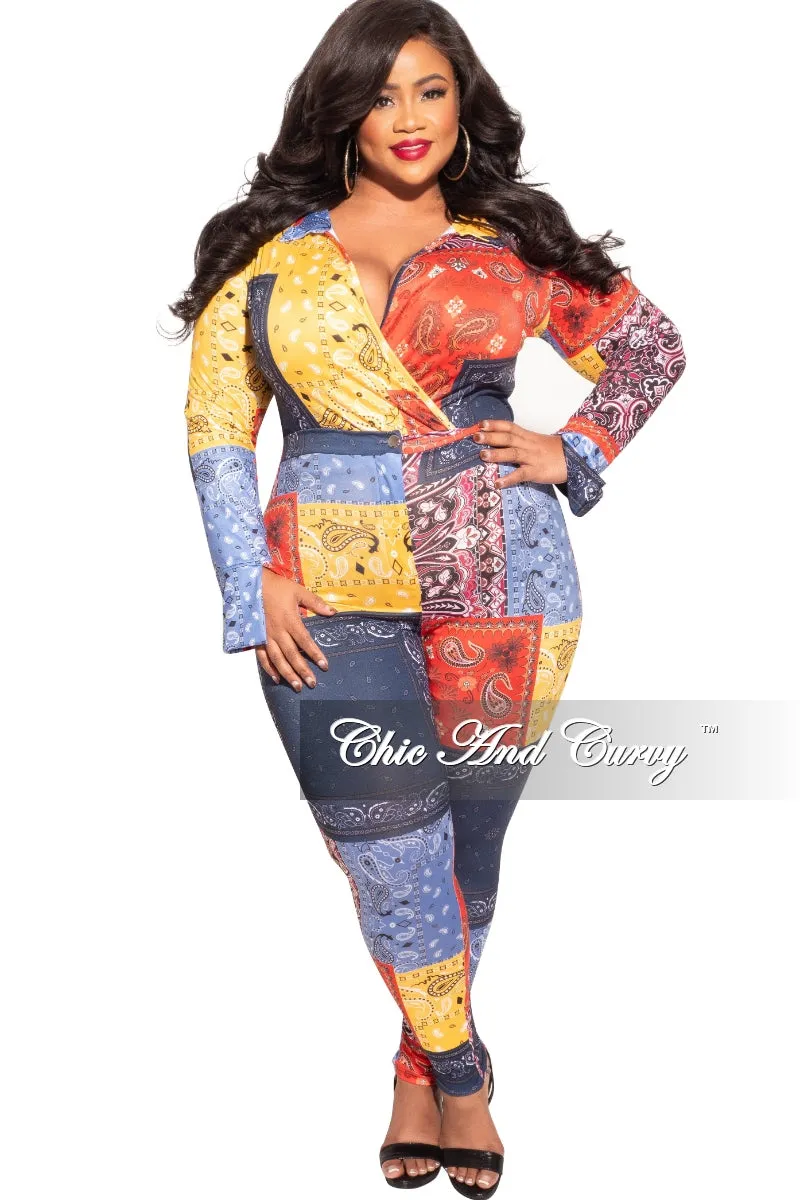 Sleek Design Final Sale Plus Size 2-Piece Collared Faux Wrap Bodysuit and Pants Set in Bandana Print