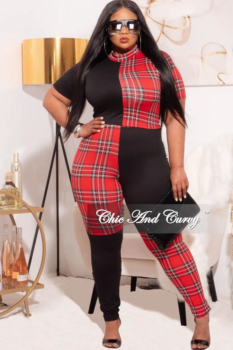 Tangle Free Cuffs SustainableManufacturing Final Sale Plus Size 2-Piece Color block Plaid Set with Crop Top & Leggings