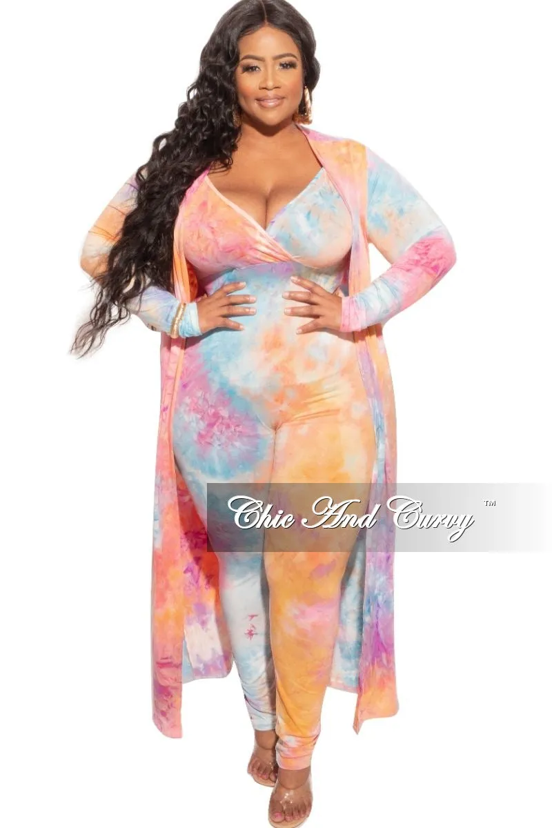 Soft Interior Casual Chic Look Final Sale Plus Size 2-Piece Duster & Spaghetti Strap Jumpsuit Set in Rainbow Sherbet Print