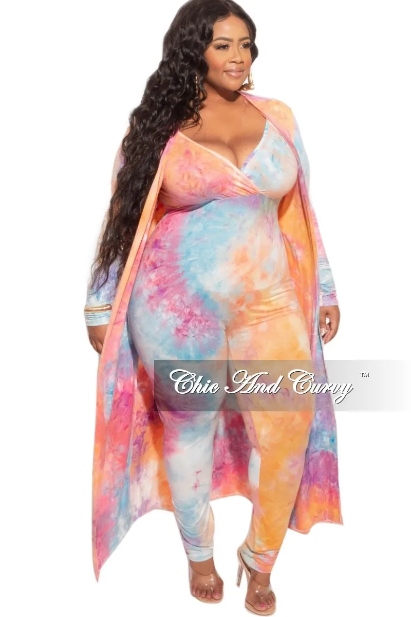 Trendy Look Final Sale Plus Size 2-Piece Duster & Spaghetti Strap Jumpsuit Set in Rainbow Sherbet Print