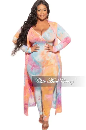 Final Sale Plus Size 2-Piece Duster & Spaghetti Strap Jumpsuit Set in Rainbow Sherbet Print Layered Comfort Durable Fabric