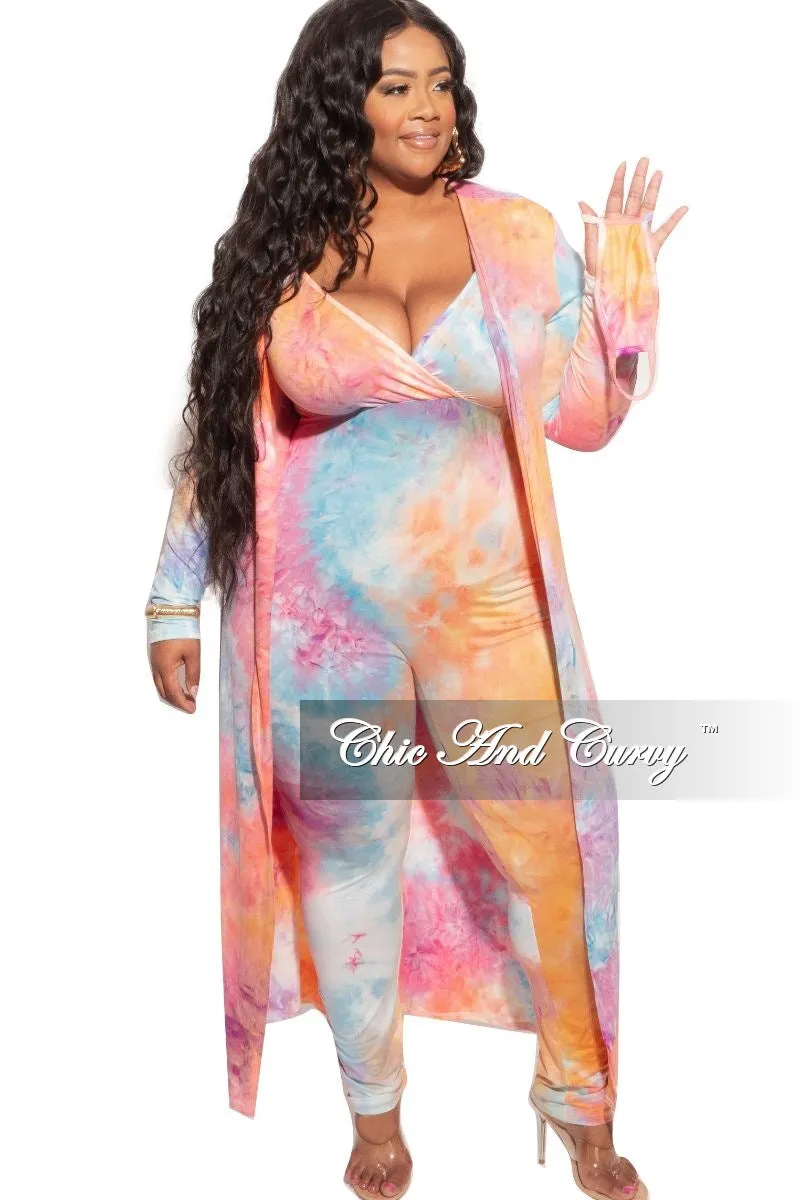 Final Sale Plus Size 2-Piece Duster & Spaghetti Strap Jumpsuit Set in Rainbow Sherbet Print Lightweight Feel