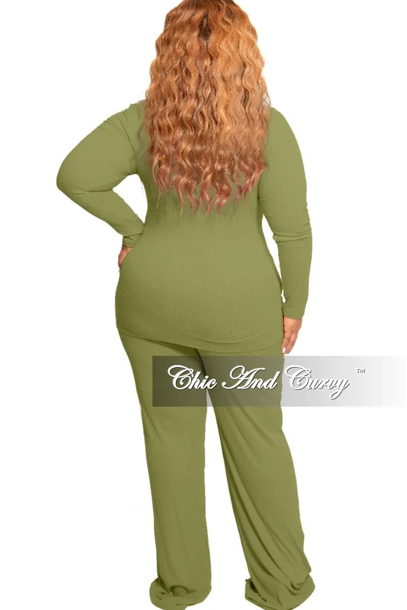 Final Sale Plus Size 2-Piece Long Sleeve Ribbed Tie Top and Pants Set in Olive Snag Free Fabric Essential Look