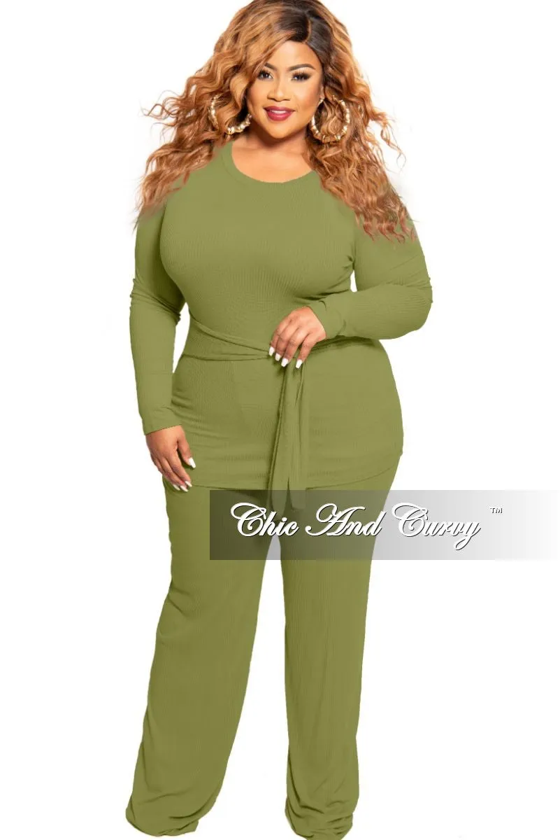 Final Sale Plus Size 2-Piece Long Sleeve Ribbed Tie Top and Pants Set in Olive Chilly Day Comfort Durable Design