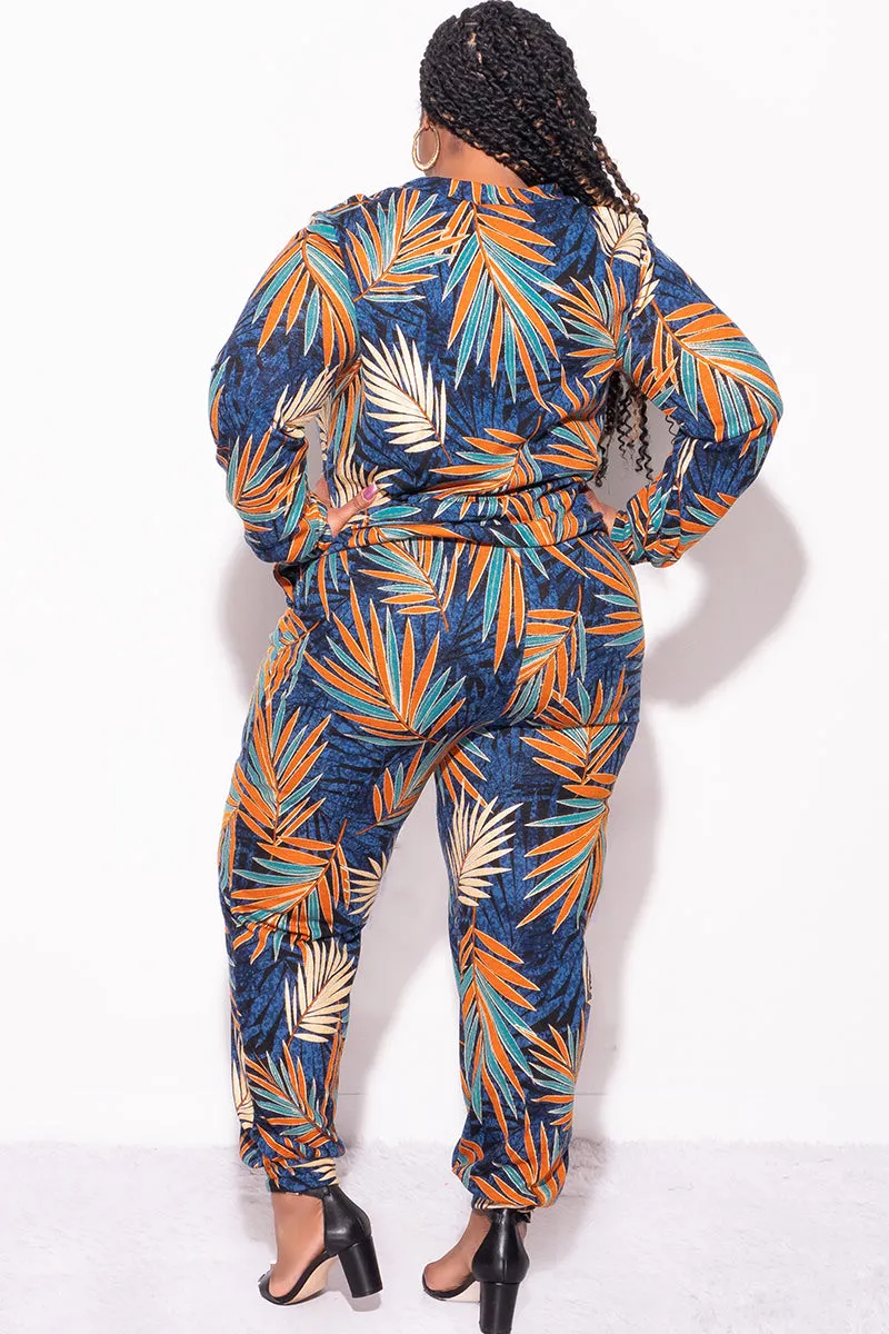 TearResistantPanels Final Sale Plus Size 2-Piece Long Sleeve Top and Pants Set in Navy Multi Color Leaf Print
