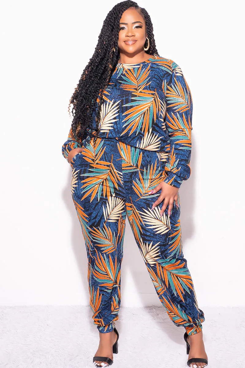 Final Sale Plus Size 2-Piece Long Sleeve Top and Pants Set in Navy Multi Color Leaf Print Soft Finish