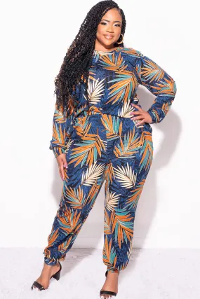 Final Sale Plus Size 2-Piece Long Sleeve Top and Pants Set in Navy Multi Color Leaf Print Tagless Design