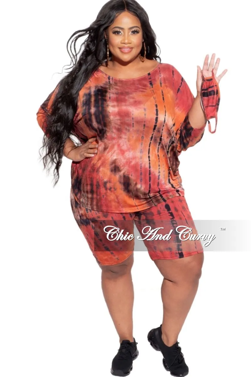 Easy Fit Design HiddenDrawcord Final Sale Plus Size 2-Piece (Oversize Top & Bermuda Short) Set in Red, Orange, & Brown Tie Dye Print
