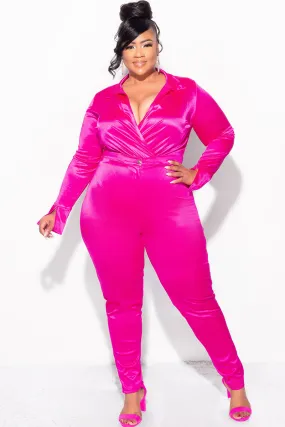 Final Sale Plus Size 2-Piece Satin Collared Faux Wrap Bodysuit and Pants Set in Fuchsia Cozy Feel All Time Use