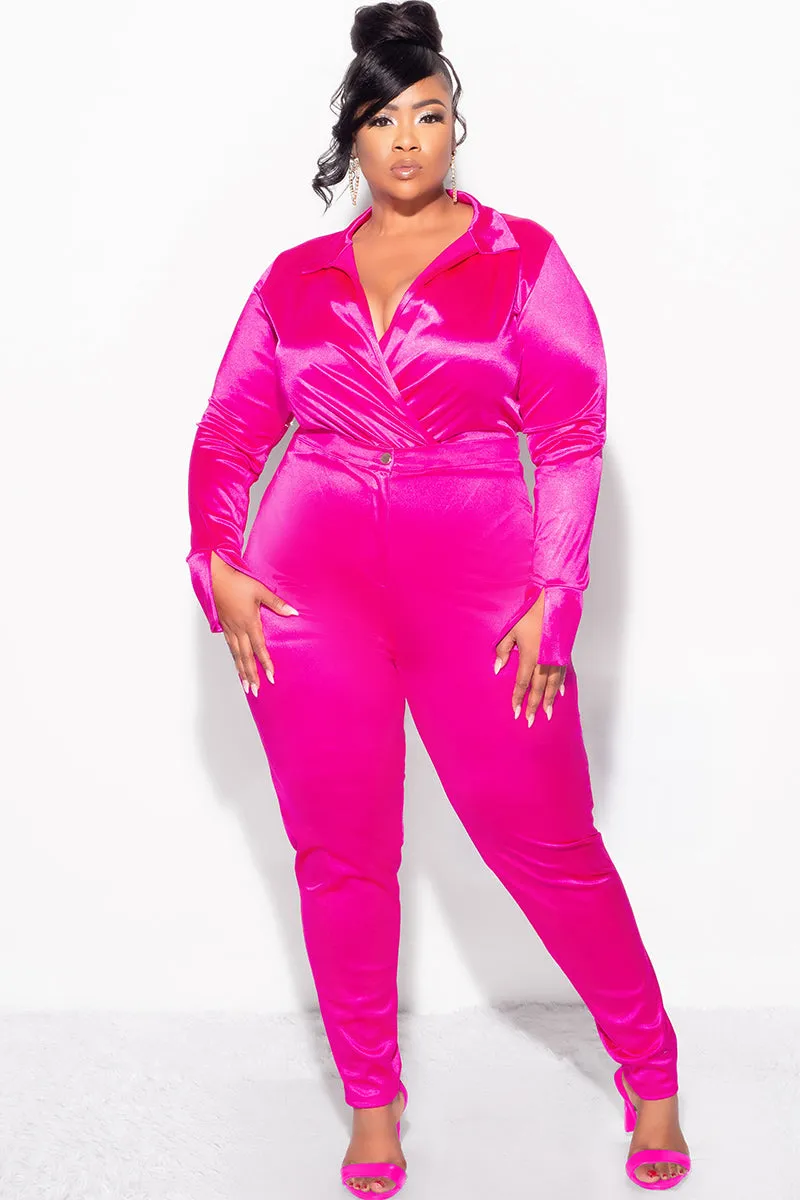 Final Sale Plus Size 2-Piece Satin Collared Faux Wrap Bodysuit and Pants Set in Fuchsia Stay Cool Active Utility
