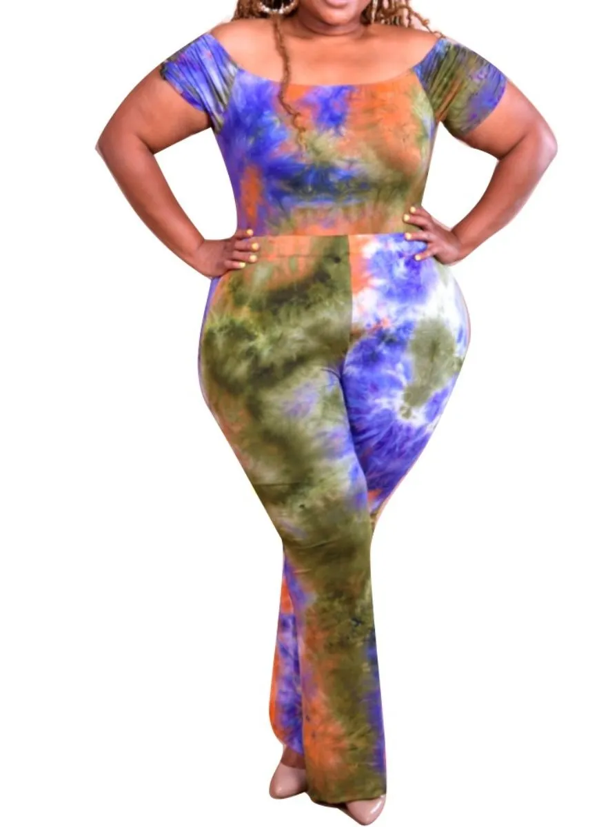 Ventilated Panels Final Sale Plus Size 2-Piece Set Off the Shoulder Bodysuit & Pants in Purple, Orange & White Tie Dye