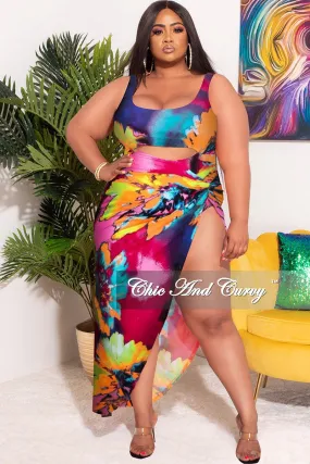 High Waist Stretch Final Sale Plus Size 2-Piece Set Poolside Playsuit with Cutout Front Bodysuit & High Split Skirt in Fuchsia Floral Multi Color Print