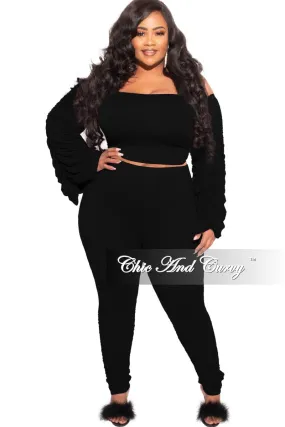 Final Sale Plus Size 2-Piece Set Ruched Top and Pants Set in Black Soft Finish